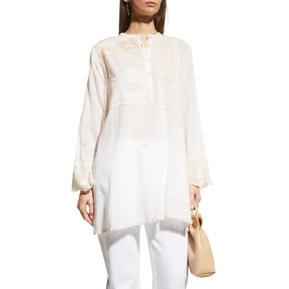 Johnny Was XS White Embroidered Tunic Top Boho Cotton Lace Eyelet Floral Peasant